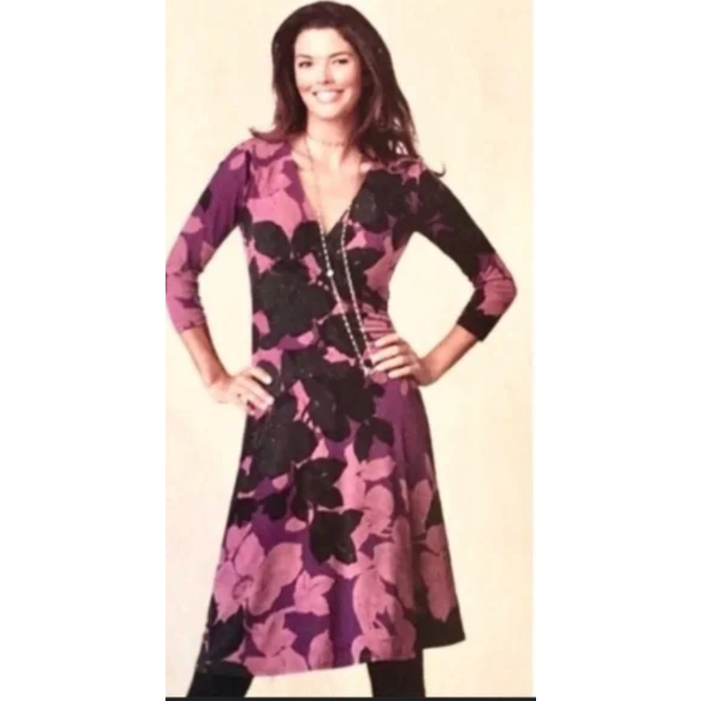 Cabi Purple Floral Faux Wrap Long Sleeve Dress